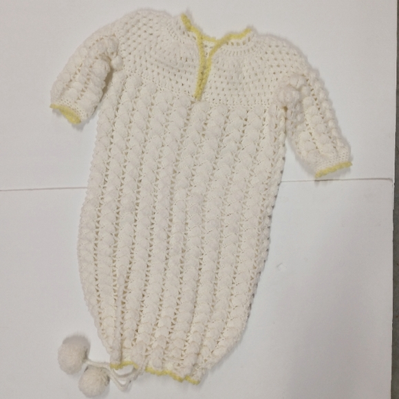 Vintage Hand Crochet Baby Gown White w/ Yellow Trim - Picture 1 of 8